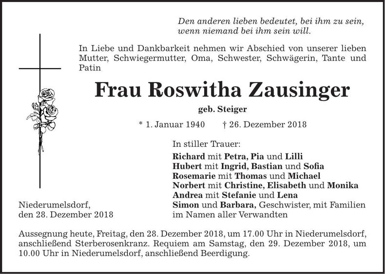 Traueranzeige Roswitha Zausinger