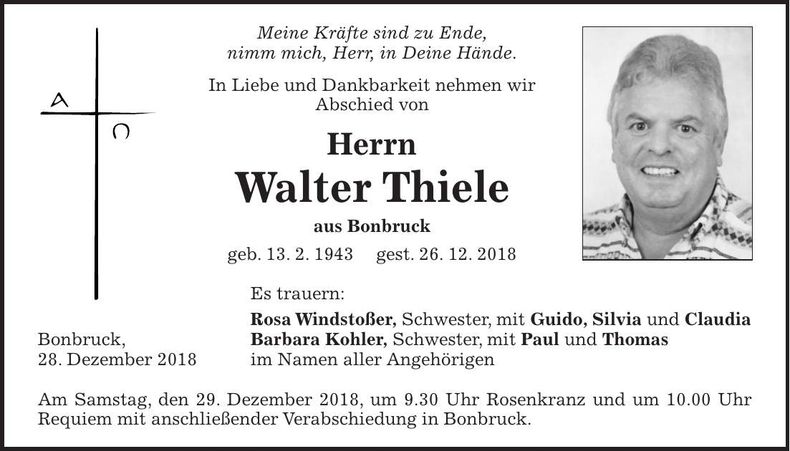 Traueranzeige Walter Thiele
