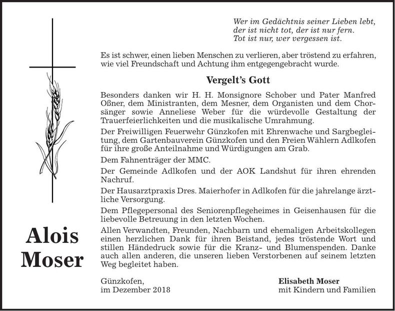 Traueranzeige Alois Moser
