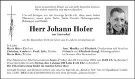 Traueranzeige Johann Hofer