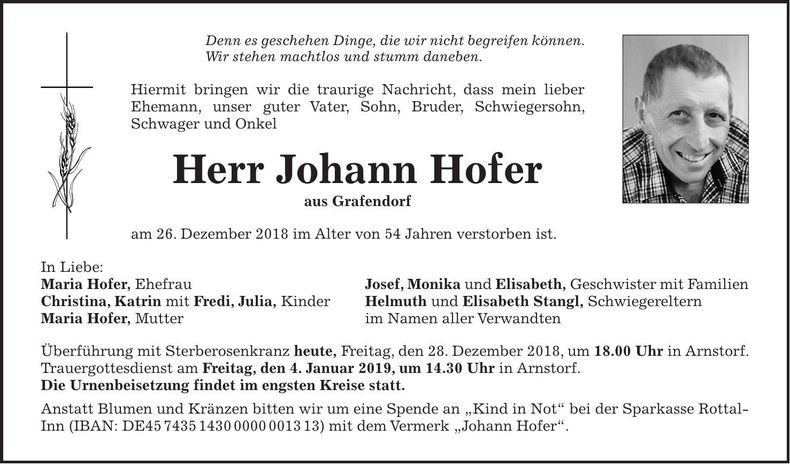 Traueranzeige Johann Hofer