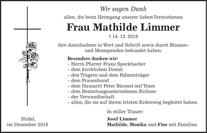 Traueranzeige Mathilde Limmer