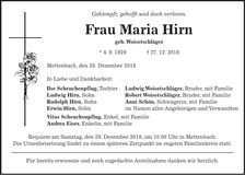 Traueranzeige Maria Hirn