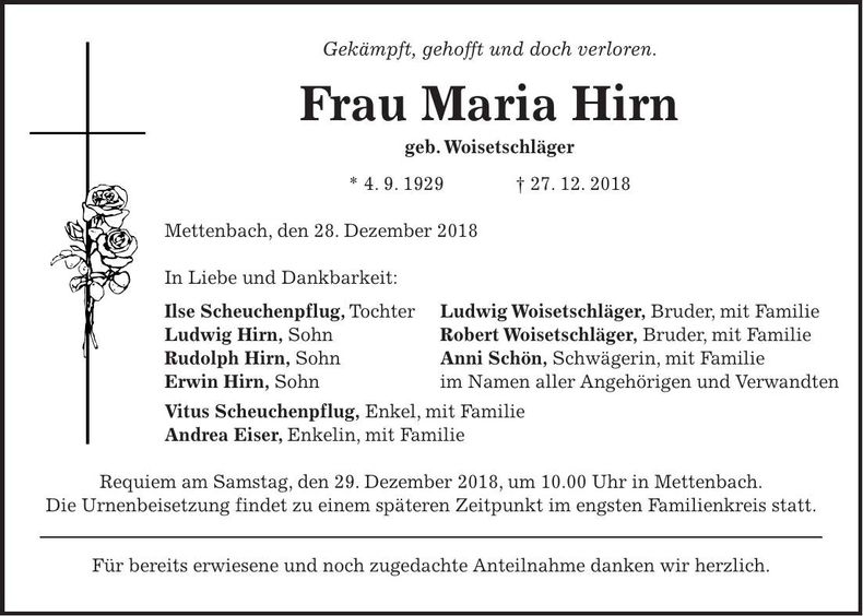 Traueranzeige Maria Hirn