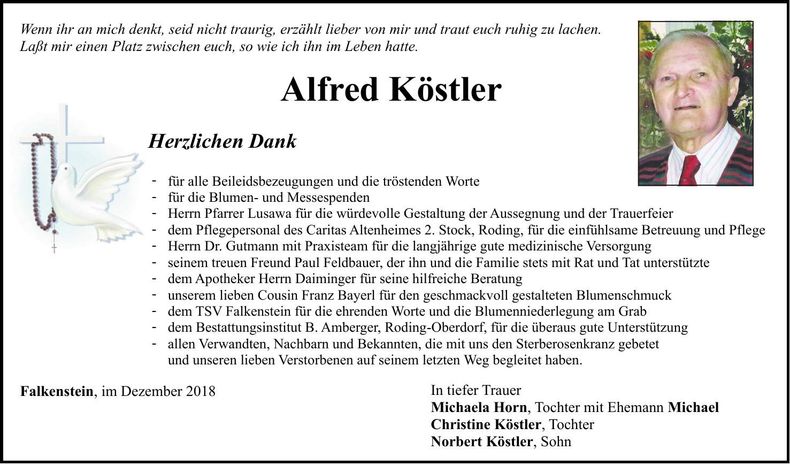 Traueranzeige Alfred Köstler