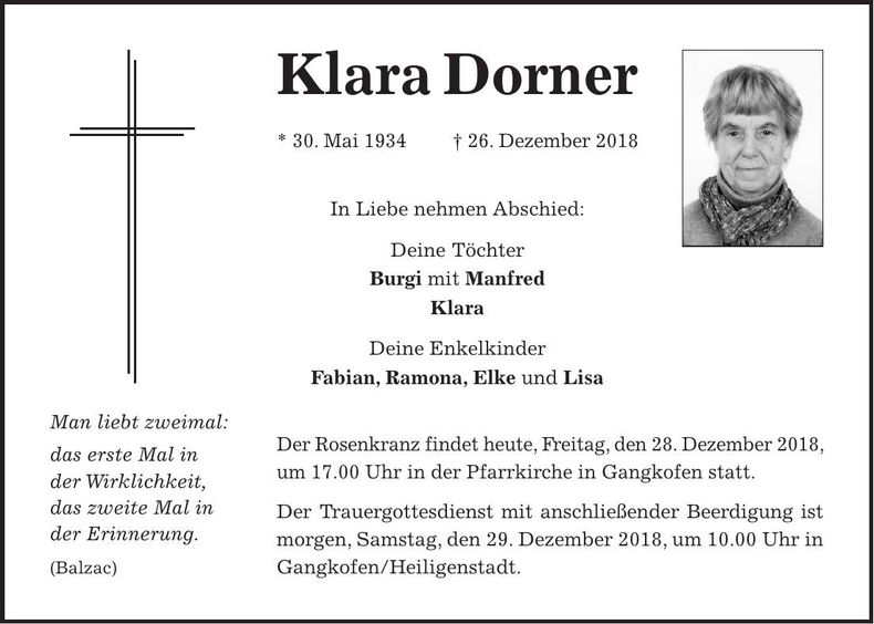 Traueranzeige Clara Dorner