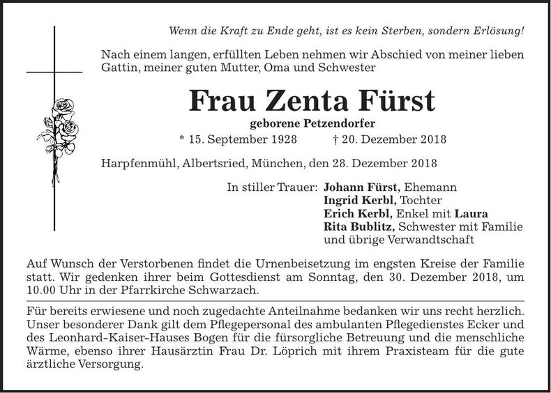 Traueranzeige Zenta Fürst