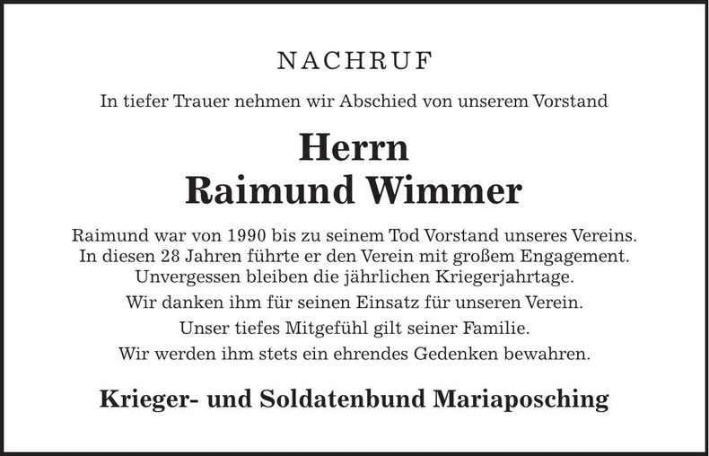 Traueranzeige Raimund Wimmer