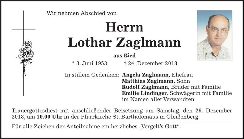 Traueranzeige Lothar Zaglmann