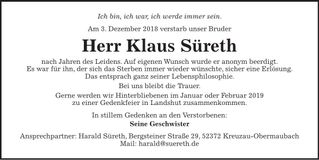 Traueranzeige Klaus Süreth