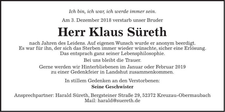 Traueranzeige Klaus Süreth