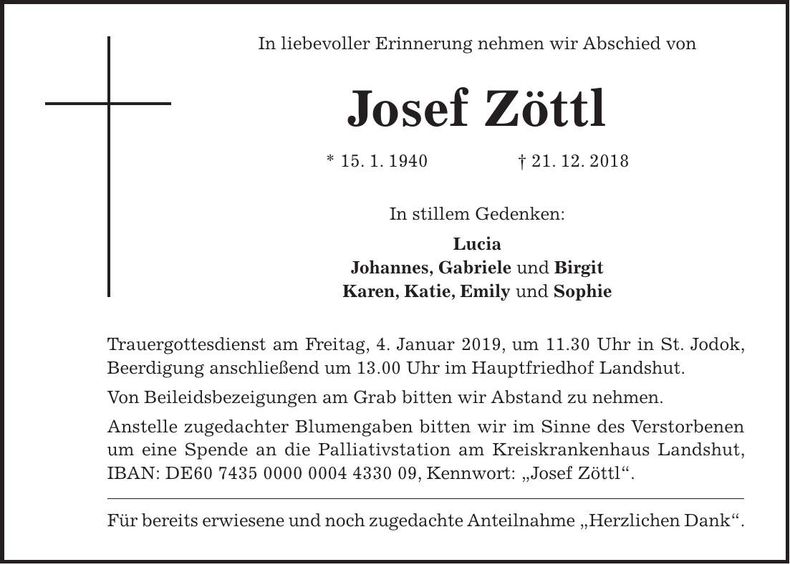 Traueranzeige Josef Zöttl