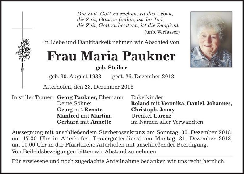 Traueranzeige Maria Paukner