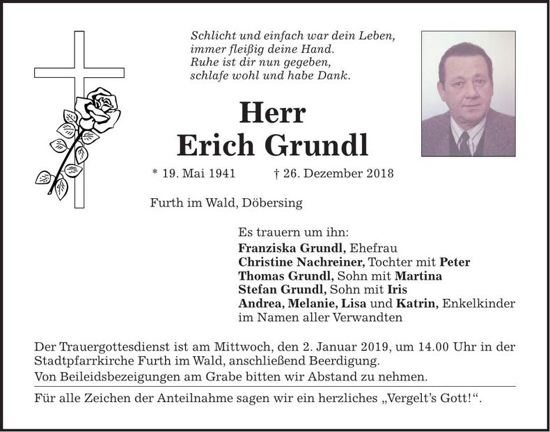 Traueranzeige Erich Grundl