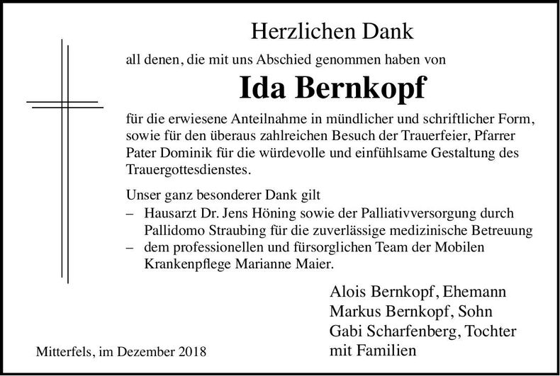Traueranzeige Ida Bernkopf
