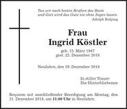 Traueranzeige Ingrid Köstler