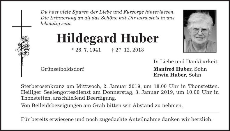 Traueranzeige Hildegard Huber