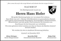 Traueranzeige Hofer Hans