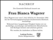 Traueranzeige Bianca Wagerer