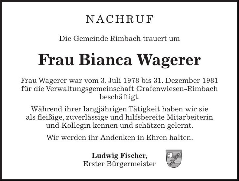 Traueranzeige Bianca Wagerer
