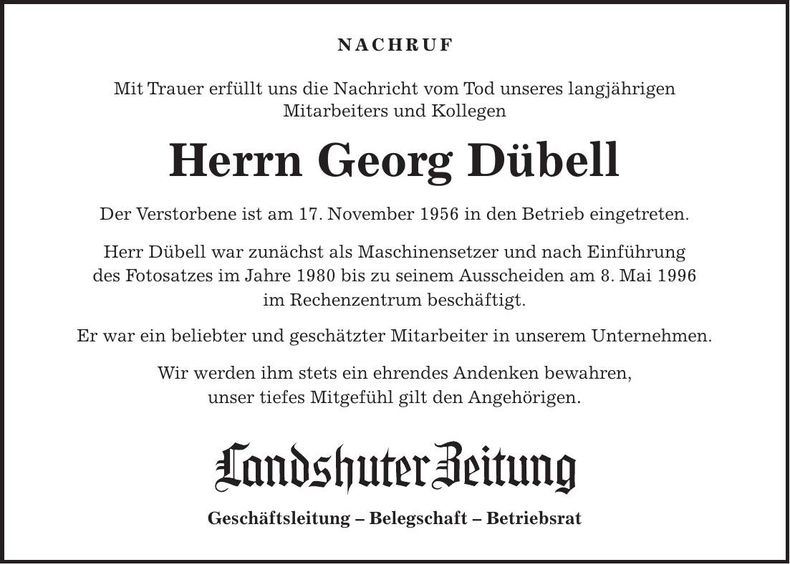 Traueranzeige Georg Dübell sen.