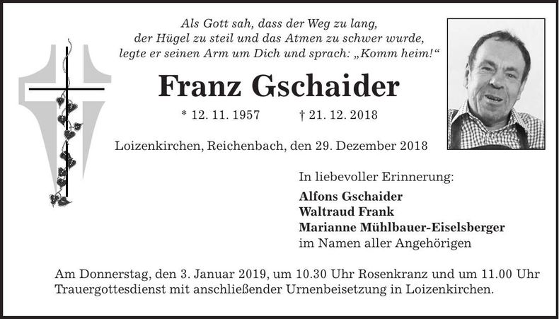 Traueranzeige Franz Gschaider