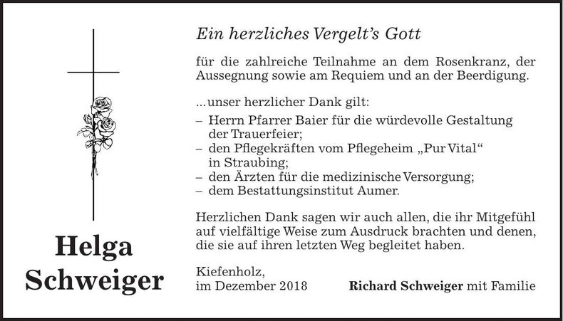 Traueranzeige Helga Schweiger