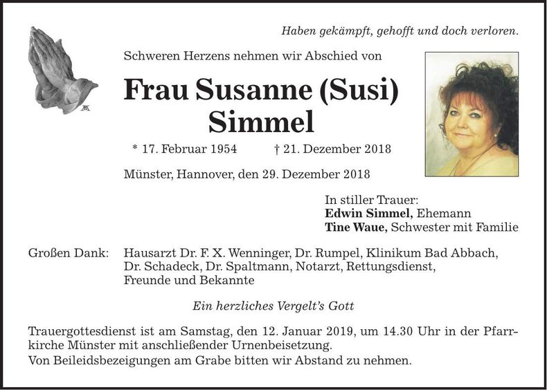 Traueranzeige Susanne (Susi) Simmel