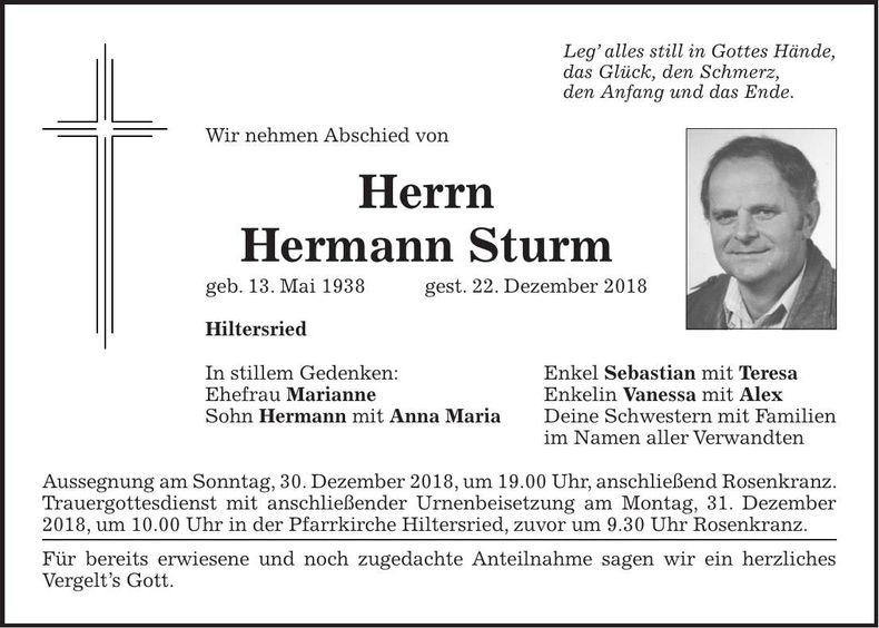 Traueranzeige Hermann Sturm