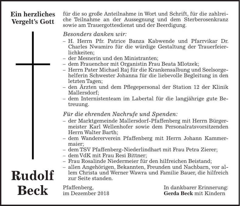 Traueranzeige Rudolf Beck