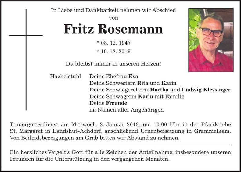 Traueranzeige Fritz Rosemann