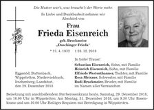 Traueranzeige Frieda Eisenreich