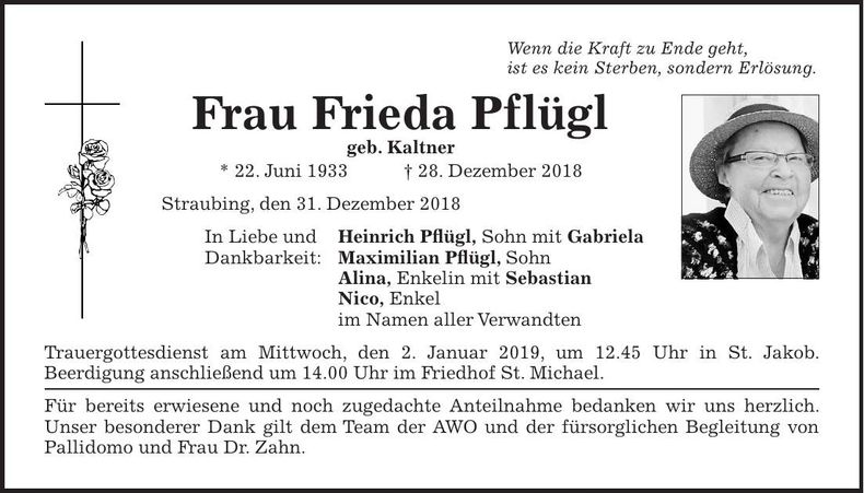 Traueranzeige Frieda Pflügl