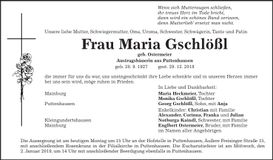 Traueranzeige Maria Gschlößl