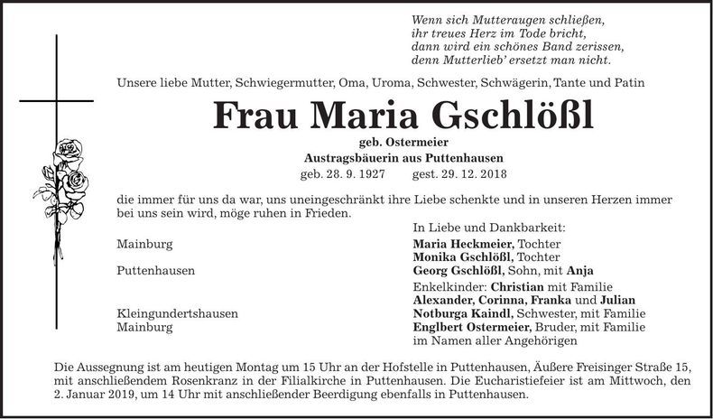 Traueranzeige Maria Gschlößl