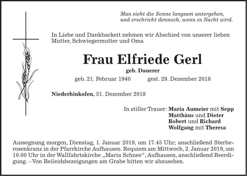 Traueranzeige Elfriede Gerl