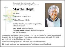 Traueranzeige Höpfl Martha