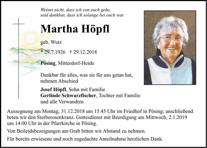 Traueranzeige Höpfl Martha