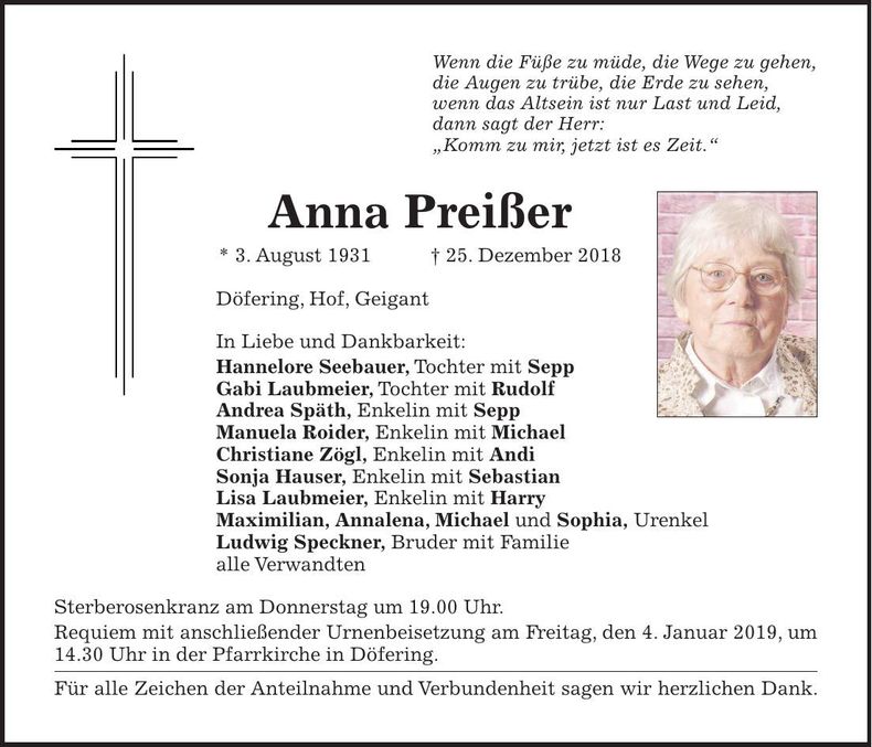 Traueranzeige Anna Preißer