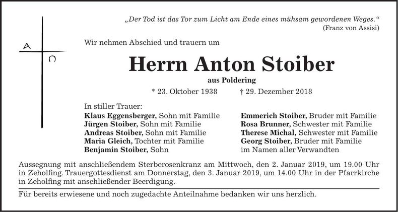 Traueranzeige Anton Stoiber