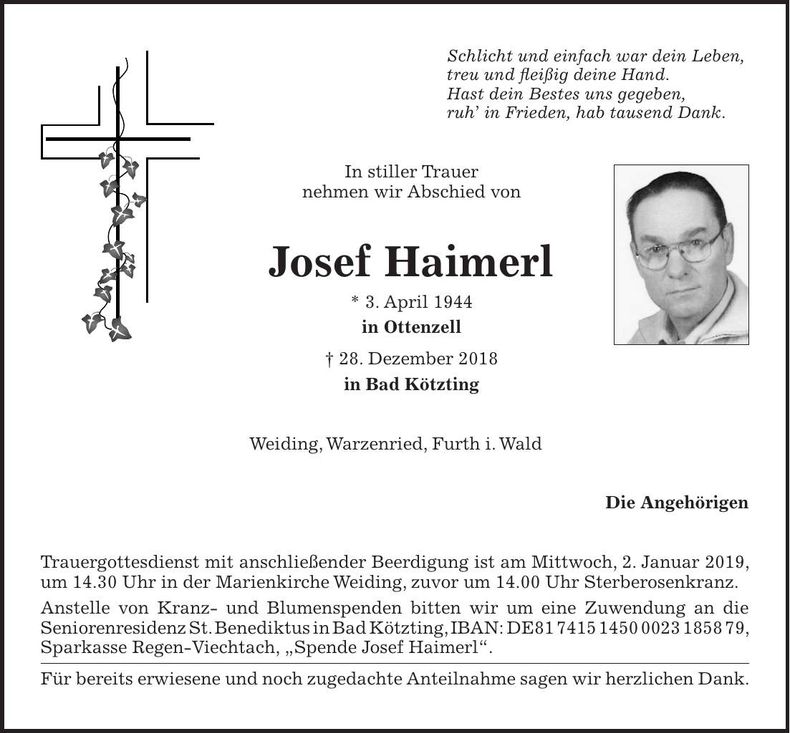 Traueranzeige Josef Haimerl
