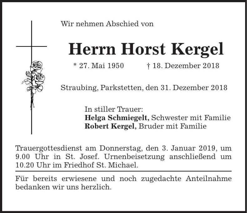 Traueranzeige Horst Kergel