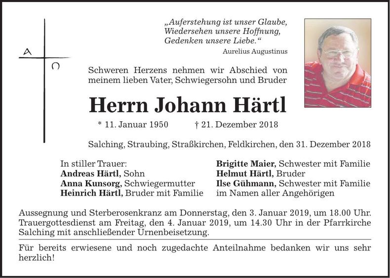 Traueranzeige Johann Härtl