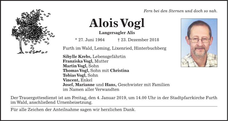 Traueranzeige Alois Vogl
