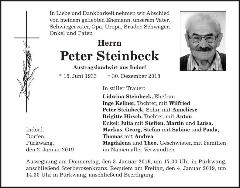 Traueranzeige Peter Steinbeck