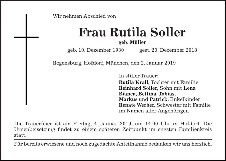 Traueranzeige Rutila Soller