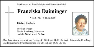 Traueranzeige Franziska Daiminger