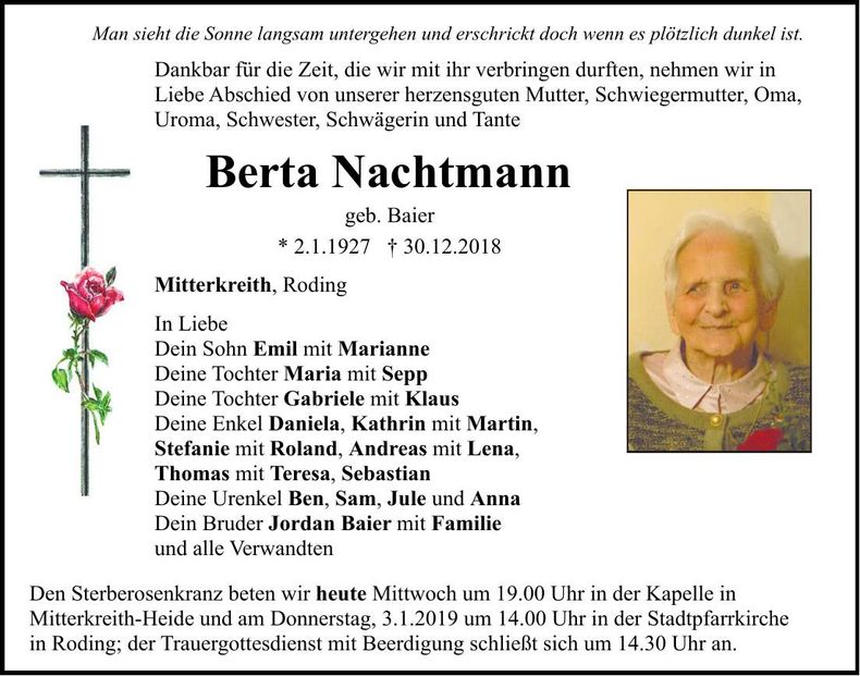 Traueranzeige Berta Nachtmann