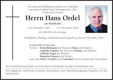 Traueranzeige Hans Ordel
