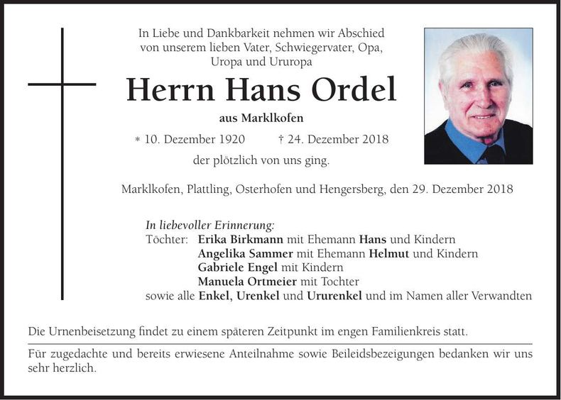 Traueranzeige Hans Ordel